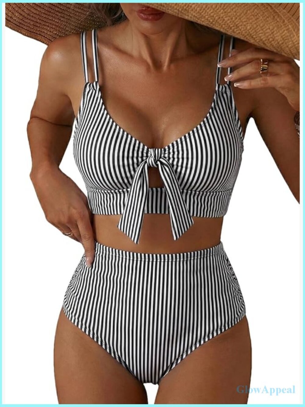 Knot Front High Waisted 2 Piece Bikini Set Double Strap Swimwear